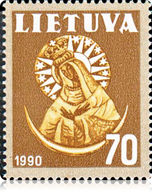 Obraz Matki Bożej Ostrobramskiej na znaczku pocztowym Litwy
