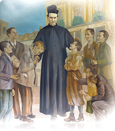 W ikonografii św. Jan Bosko jest przedstawiany
jako kapłan w sutannie zakonnej.
Najczęściej ukazywany jest w otoczeniu młodzieży.