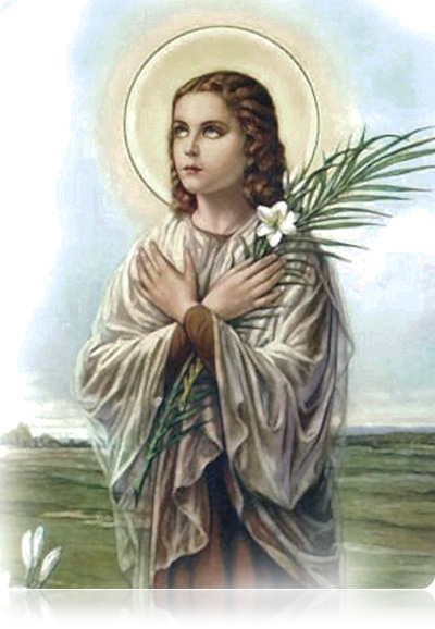 W ikonografii św. Maria Goretti
jest przedstawiana z gałązką 
palmową oraz lilią w ręku.