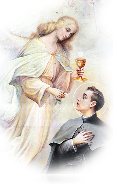 W ikonografii św. Stanisław Kostka
jest przedstawiany w stroju jezuity, 
czasami razem z aniołem podającym
mu Komunię św., Dziecięciem Jezus
na jego ręku, Madonną.
Jego atrybutami są krucyfiks,
laska pielgrzymia, lilia, różaniec. 