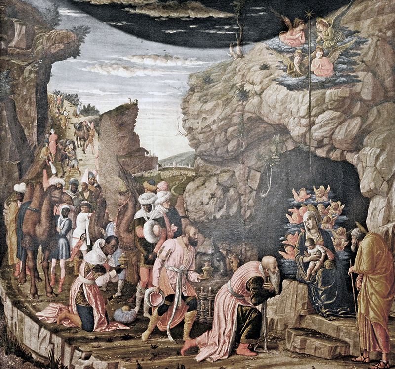 Źródło zdęcia wikimedia.org. Pokłon Trzech Króli, Andrea Mantegna, ok. 1466 r.
