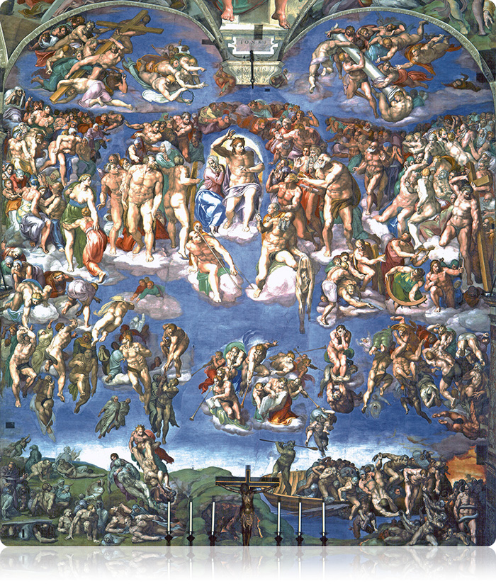 “„Sąd Ostateczny” – fragment freski Michelangelo na ścianie kaplicy Sykstyńskiej w Watykanie
